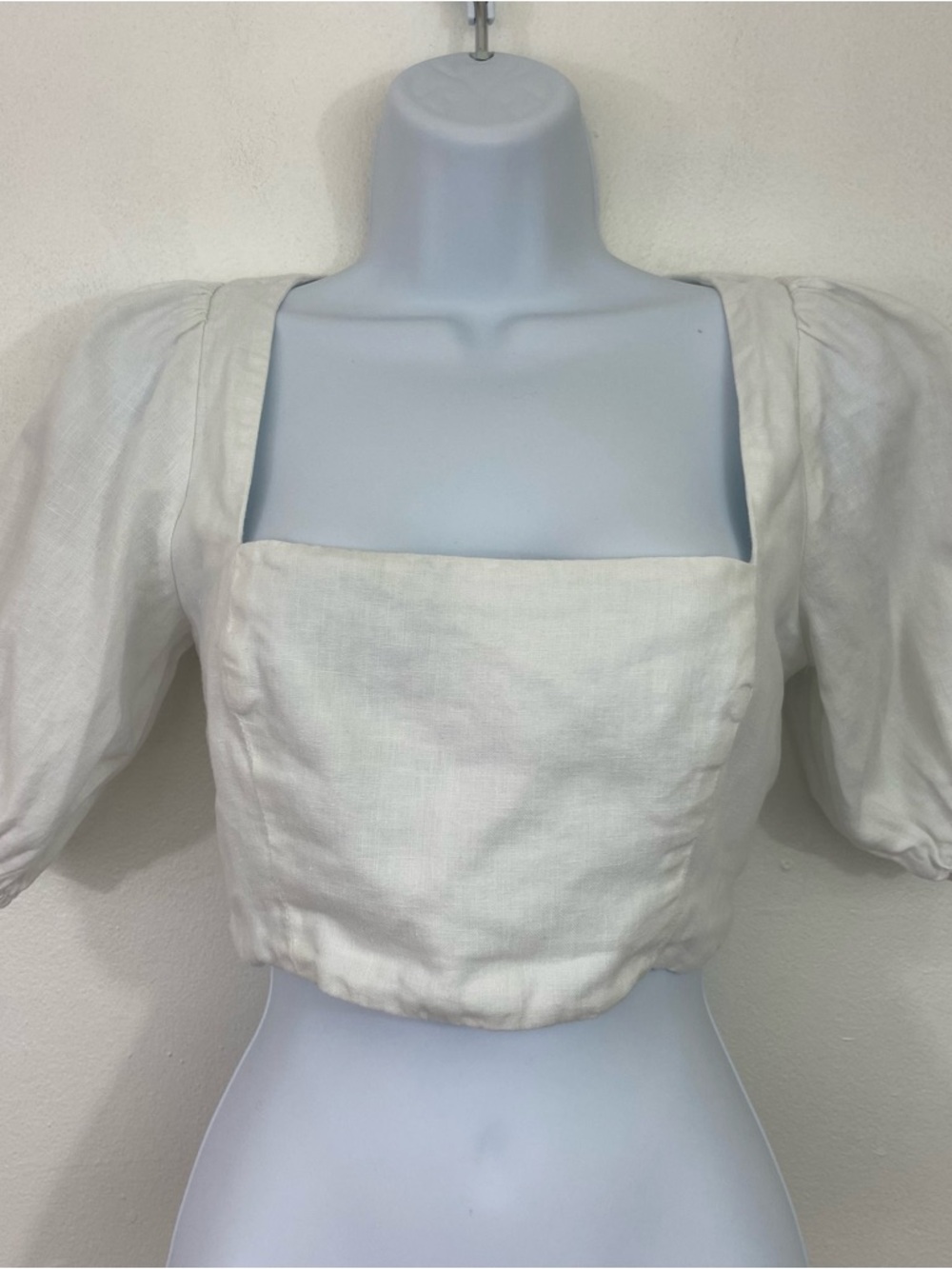 Reformation Yucca Crop Top White Linen Puff Sleeve Square Neck Smocked Sz 0 - Picture 3 of 11